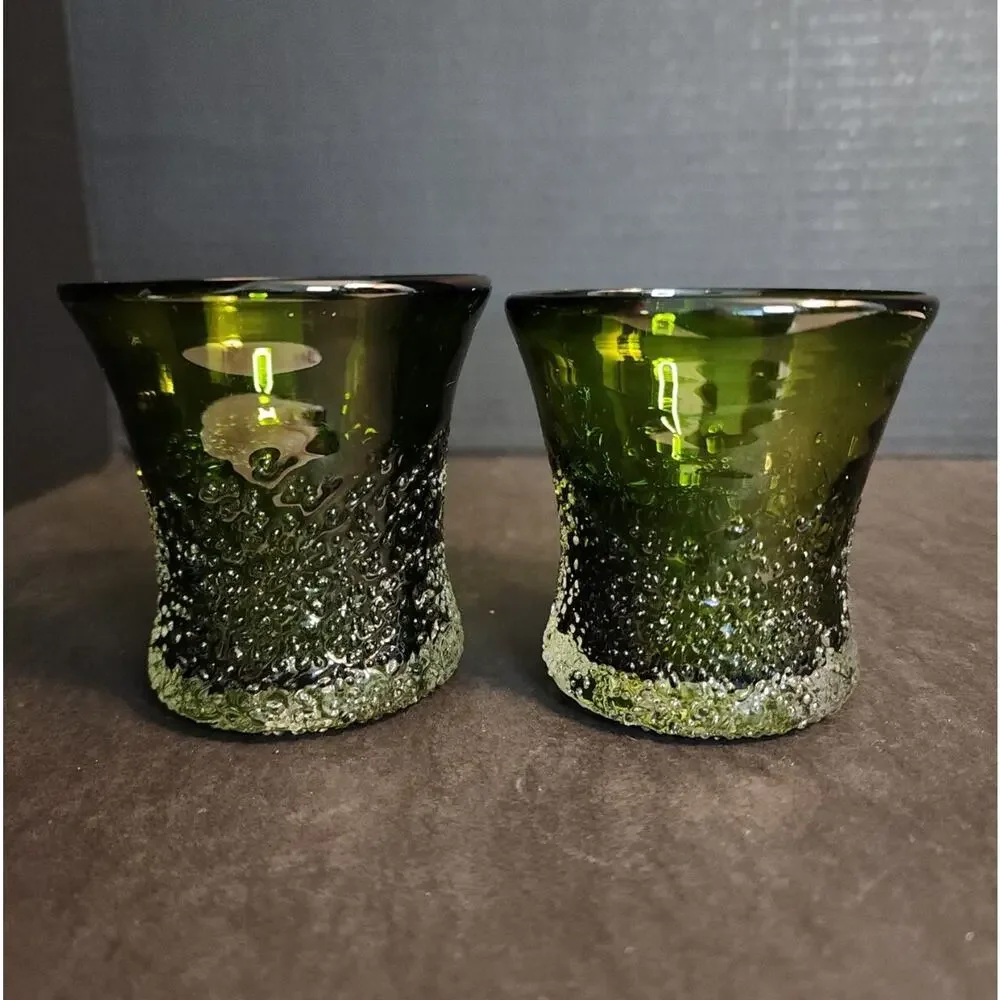 Hand Blow Art Glass Frit Overshot Green 2 Votive Candle Holders, Vases, Juice